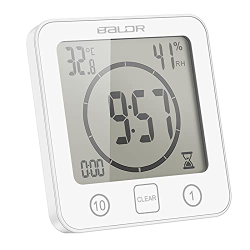 ALLOMN Badezimmer Uhr, LCD Digital Dusche Wecker wasserdichte Berührungssteuerung ℃ / ℉ Temperatur Luftfeuchtigkeit, Countdown Timer, 3 Montagemethoden, Batterieleistung (Weiß) von ALLOMN