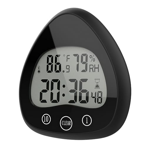 ALLOMN Badezimmer-Uhr, LCD-Digital-Duschuhr Wecker Wasserdicht Touch-Steuerung ℃/℉ Temperatur Luftfeuchtigkeit Countdown-Timer, 3 Montagemethoden, Batteriestrom (Tropfen Schwarz) von ALLOMN