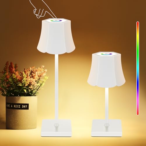 ALLOMN Dimmbare LED Akku Tischlampe Kabellos, RGB Dimmbar Tischlampe Kabellos Wiederaufladbar Touch Nachttischlampe Akkubetrieben Tischlampe für Schlafzimmer Restaurant Bar (Weiß) von ALLOMN