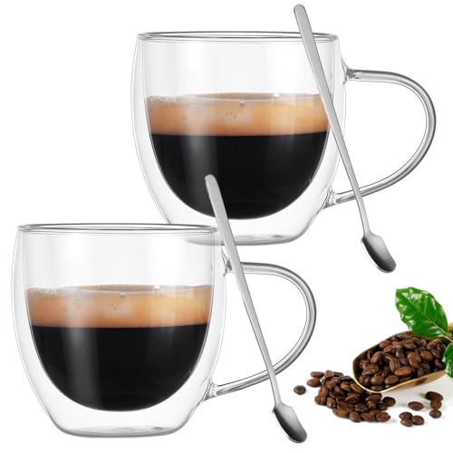 ALLOMN Doppelwandige Kaffeebecher, 2er-Pack 250 ml Cappuccino-Latte-Macchiato-Gläserbecher mit Griff hitzebeständige Kaffeetassen für Kaffee, Tee, Milch, Saft, Eis von ALLOMN