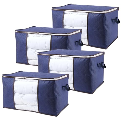 ALLOMN Kleideraufbewahrungstaschen, 4 Packungen 90L Große Faltbare Aufbewahrungsboxen mit Deckel Unterbett Kleiderschrank Aufbewahrungstasche Organizer mit Klarem Fenster & Tragegriffen für Kleidung von ALLOMN