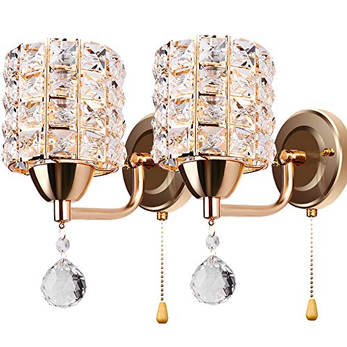 ALLOMN Moderne Wandleuchte, Kristall Pendelleuchte Schlafzimmer Gang Wohnzimmer Wandleuchte mit Leistung Ziehen Schalter E14 Steckdose (keine Lampe Enthalten) (Golden, 2 PCS) von ALLOMN