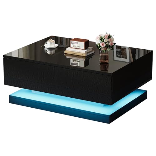 ALLOMN Schwarz Hochglanz Couchtisch, Modern Rechteckig LED Wohnzimmertisch mit RGB Beleuchtung, Schwarzer Teetisch Beistelltisch mit 2 Schubladen für Wohnzimmer Büro, 90x50x38cm von ALLOMN