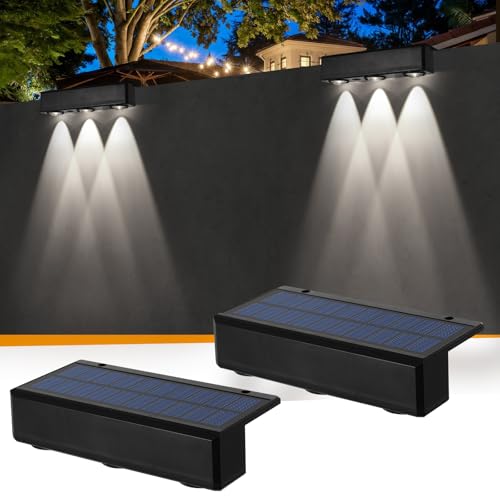 Solar Zaunleuchten für Garten im Freien, 2 Pack 3 LED Solar Wandleuchten Wasserdichte Solar Treppenleuchten Solarbetriebene Stufenleuchten für Außenbereich Garten Hof Treppe Terrasse Deck (Kaltweiß) von ALLOMN