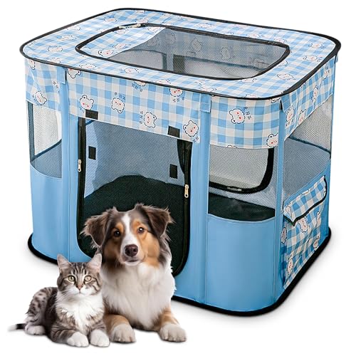 ALLSOPETS Welpenauslauf Faltbarer Laufstall Hund Katze, Tragbarer Welpenlaufstall Hundebox Freigehege mit Tragetasche für Innen, Außen, Reisen und Camping (Blaue Bären, M) von ALLSOPETS