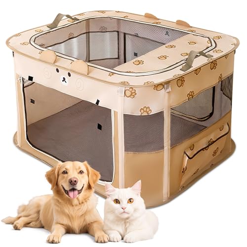 ALLSOPETS Welpenauslauf Faltbarer Laufstall Hund Katze, Tragbarer Welpenlaufstall Hundebox Freigehege mit Tragetasche für Innen, Außen, Reisen und Camping (Brauner Bär, M) von ALLSOPETS