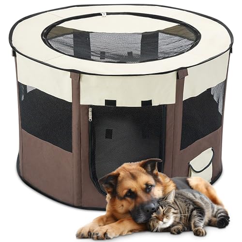 ALLSOPETS Welpenauslauf Faltbarer Laufstall Hund Katze, Tragbarer Welpenlaufstall Hundebox Freigehege mit Tragetasche für Innen, Außen, Reisen und Camping (Braun, L) von ALLSOPETS