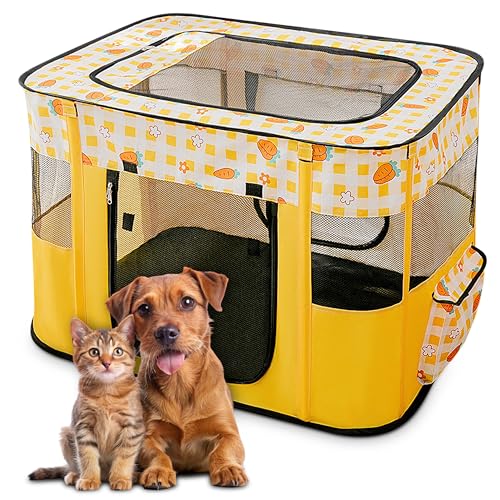ALLSOPETS Welpenauslauf Faltbarer Laufstall Hund Katze, Tragbarer Welpenlaufstall Hundebox Freigehege mit Tragetasche für Innen, Außen, Reisen und Camping (Gelbe Karotten, XL) von ALLSOPETS