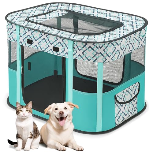 ALLSOPETS Welpenauslauf Faltbarer Laufstall Hund Katze, Tragbarer Welpenlaufstall Hundebox Freigehege mit Tragetasche für Innen, Außen, Reisen und Camping (Grün Kariert, XL) von ALLSOPETS