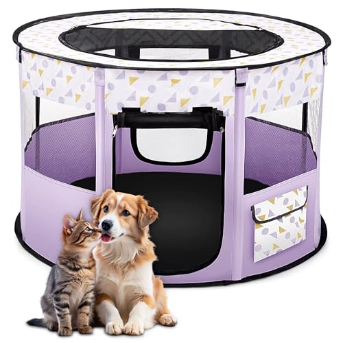 ALLSOPETS Welpenauslauf Faltbarer Laufstall Hund Katze, Tragbarer Welpenlaufstall Hundebox Freigehege mit Tragetasche für Innen, Außen, Reisen und Camping (Lila, L) von ALLSOPETS