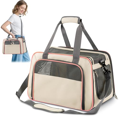 ALLSOPETS Faltbare Katzentransporttasche, Atmungsaktive Tragetasche für Katzen & Kleine Hunde mit Abnehmbarem Kissen, Hundetragetasche für Auto, Zug & Flugzeug (Beige) von ALLSOPETS