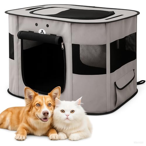 ALLSOPETS Welpenauslauf Faltbarer Laufstall Hund Katze, Tragbarer Welpenlaufstall Hundebox Freigehege mit Tragetasche für Innen, Außen, Reisen und Camping (Aschgrau, L) von ALLSOPETS