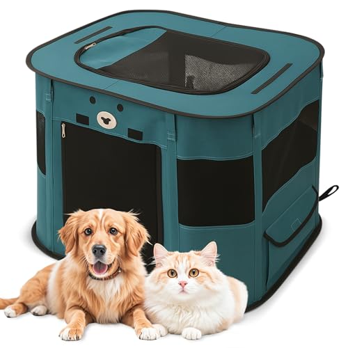 ALLSOPETS Welpenauslauf Faltbarer Laufstall Hund Katze, Tragbarer Welpenlaufstall Hundebox Freigehege mit Tragetasche für Innen, Außen, Reisen und Camping (Edelsteinblau, L) von ALLSOPETS