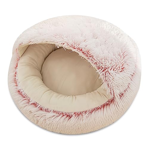 ALLSOPETS Katzenhöhlenbett Beruhigendes Hundebett Flauschiges Plüsch-Haustierbett für Katzen Kleine Hunde Welpen mit Waschbarem Abnehmbarem Kissen Donut Katzenbett (Sakura Rosa, L) von ALLSOPETS