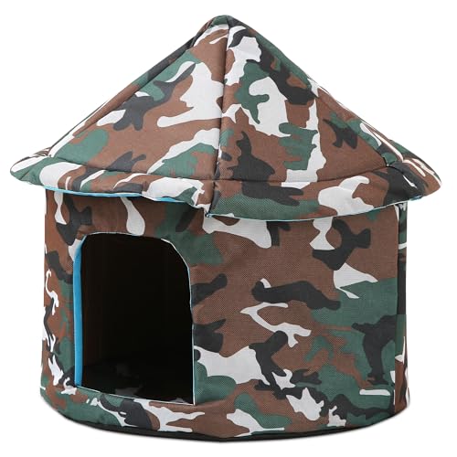ALLSOPETS Katzenhaus Wasserdicht, Zusammenklappbarer Warmer Unterschlupf für Katzen im Freien/Innenraum mit Abnehmbarer Matte, Wetterfestes Haustierhaus für Hunde Katzen (Camouflage, L) von ALLSOPETS