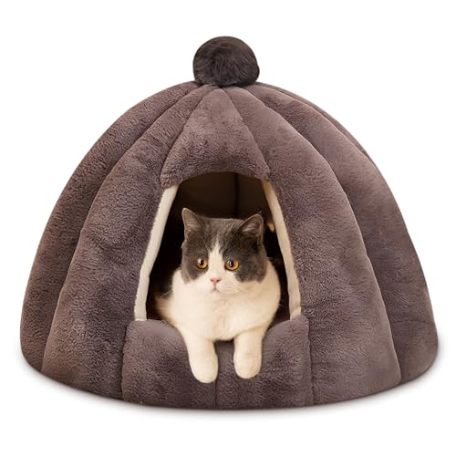 ALLSOPETS Katzenhöhlenbett Haustierzelt Kuscheliges Warmes Hundebett mit Abnehmbarem Waschbarem Kissen Igloo-Nest für Kleine bis Mittelgroße Hunde Katzen (Aschgrau, L) von ALLSOPETS