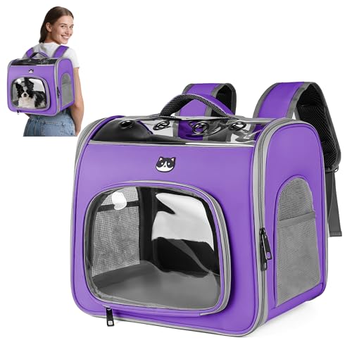 ALLSOPETS Katzenrucksack für Große Katzen und Kleine Hunde, Atmungsaktiver Haustieren Rucksack mit Frontöffnung und Sicherheitsleine, Ideal für Reisen Wandern und Spaziergänge (Lavendel) von ALLSOPETS