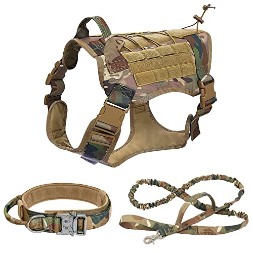 ALLSOPETS Taktisches Hundegeschirr mit Halsband und Leine Verstellbares Hundewestengeschirr für mittelgroße und große Hunde Ideal für Outdoor-Training und Spaziergänge (Tarnfarbe, XL) von ALLSOPETS