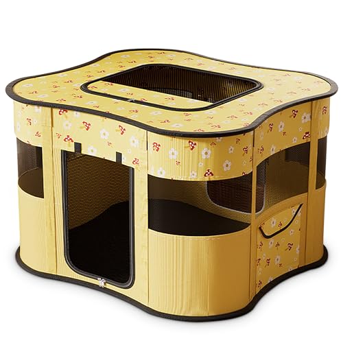 ALLSOPETS Tragbarer Welpenauslauf Hundebox Faltbarer Haustier-Laufstall für Katzen Hunde Zelt Abnehmbar Transportbox Freigehege für Katze Kaninchen Haustier mit Seitentasche (Gelb,M) von ALLSOPETS