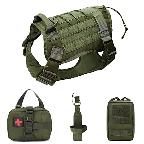 ALLSOPETS Hundegeschirr und MOLLE System Set Hundegeschirr für Mittel Groß Hunde Hundewestengeschirr mit Wasserflaschentasche Medizinische Erste Hilfe Tasche und Mehrzwecktasche Grün L von ALLSOPETS