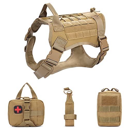 Hundegeschirr und MOLLE System Set- ALLSOPETS Hundegeschirr für Mittel Groß Hunde Hundewestengeschirr mit Wasserflaschentasche Medizinische Erste Hilfe Tasche und Mehrzwecktasche Khaki M von ALLSOPETS