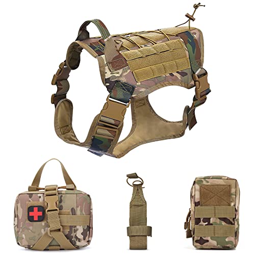 Hundegeschirr und MOLLE System Set- ALLSOPETS Hundegeschirr für Mittel Groß Hunde Hundewestengeschirr mit Wasserflaschentasche Medizinische Erste Hilfe Tasche und Mehrzwecktasche Tarnfarbe L von ALLSOPETS