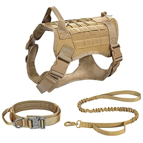 ALLSOPETS Taktisches Hundegeschirr mit Halsband und Leine Verstellbares Hundewestengeschirr für mittelgroße und große Hunde Ideal für Outdoor-Training und Spaziergänge (Khaki, M) von ALLSOPETS