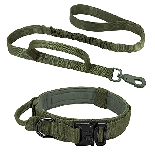 ALLSOPETS Taktisches Hundehalsband und Leinen Set Hundehalsband mit Hundeleine und Steuergriff Verstellbares Militärisches Hundehalsband für Mittlere Große Hunde Outdoor Abenteuer Grün XL von ALLSOPETS