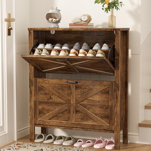 ALLSTAND Schuhschrank mit 2 Klappschubladen, Bauernhaus, schmaler Schuhschrank, versteckter Schuhregal, Organizer-Schrank für Eingang, Flur, Foyer, Wohnzimmer (2 Schubladen, rustikales Braun) von ALLSTAND