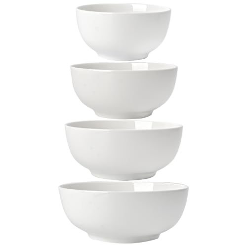 ALLUSEIT Schüssel Set Keramik, 4er 1900-1350-800-600 ml Nestbar Porzellan Schalen für Salat Pasta Dessert Müsli Eis Suppe Obst usw. Weiß Rührschale Servierschale, Mikrowellenfest von ALLUSEIT