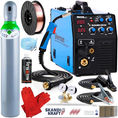 ALLWELD Sherman DAULMIG-210 S4 - Kombi MIG MAG Schutzgasschweißgerät und Fülldraht Schweißgerät ohne Gas mit Lötschweißen, WIG und MMA - MIG Schweißgerät Set - Set:Professional von ALLWELD