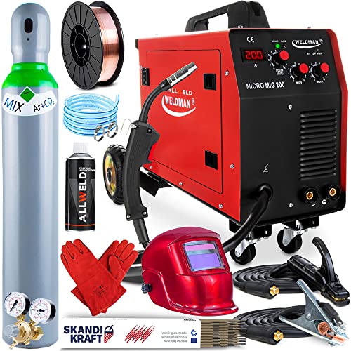 Weldman Micro MIG 200-200A Inverter MIG MAG Schweißgerät Schutzgas und Fülldraht - Mit MMA: Elektroden Schweißgerät - Kombi Schweißgerät mit Fahrwerk, Set zum Auswählen:ProfessionalPlus von ALLWELD