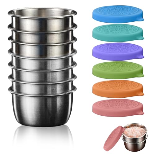 ALLWYOU 6 Stück Dressing Behälter Edelstahl Dressing Behälter to Go Salatdressing Behälter Mini 50ml Wiederverwendbar Kleine Dosen Lebensmittelbehälter mit Auslaufsicheren Silikon Deckel von ALLWYOU