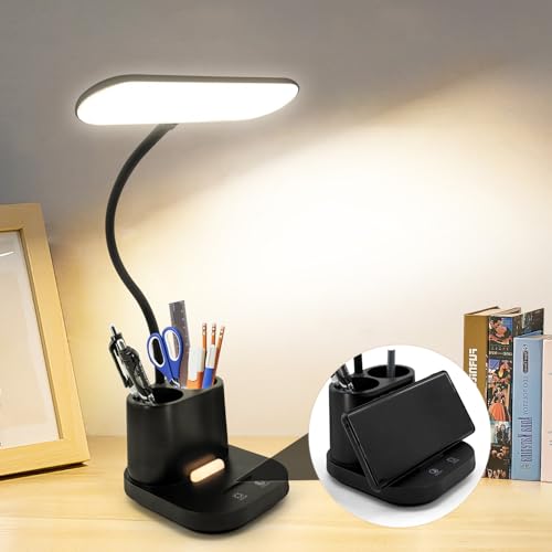 Schreibtischlampe LED, Tischlampe Superhelle Dimmbar, Stifthalter & Handyhalter, 3 Farben, Augenschutz Nachttischlampe, Schwanenhals Touch-Schalter Desk Lampe USB-Anschluss für Arbeit, Lesen, Büro von ALLXNOX