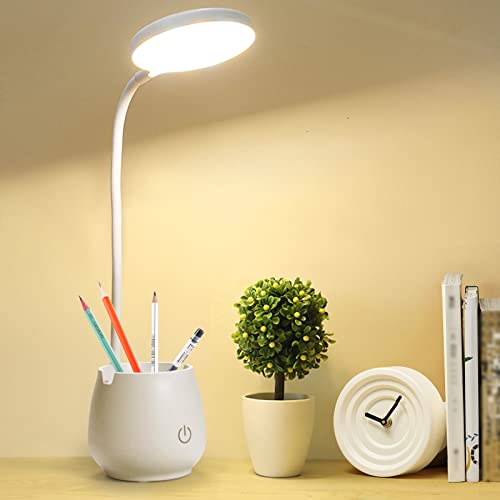 Schreibtischlampe LED Tischlampe 3 Farb und Stufenlos Dimmbare, Eye-Friendly USB-Aufladung Nachttischlampe Kinder Touch-Schalter Desk Lamp für Studieren, Arbeiten, Lektüre(Stifthalter/Telefonhalter) von ALLXNOX