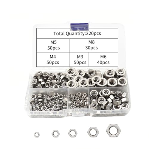 ALLY-MAGIC 220 Stück Sechskant Muttern Sortiment Set, Edelstahl Sechskantmuttern Mutter, M3 M4 M5 M6 M8 Hardware Mütter Sechskant Set mit Kunststoffbox für Möbel, Fahrzeugreparatur E21-LJLMTZ von ALLY-MAGIC