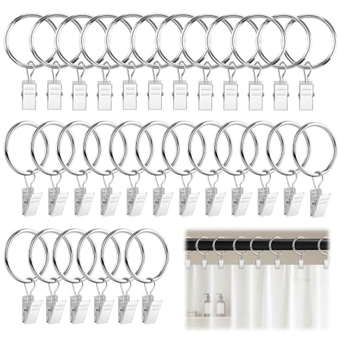 ALLisWE 30 Stück Vorhangringe mit Clips 32mm Metall Gardinenhaken für Ringe Silber Vorhang Hängend Ringe für Duschvorhänge Gardinenringe mit Vorhang Clips für Fenster Tür Duschvorhänge Wäscheleinen von ALLisWE