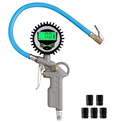 ALLmeter Digitaler Reifenfüller Reifendruckprüfer mit LCD-Display Hintergrundbeleuchtung 5 Ventilkappen Auto Abschaltung Hohe Präzision 200 PSI Luftdruckprüfer für Auto Motorrad Fahrrad von ALLmeter
