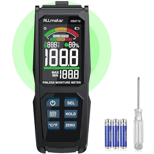 ALLmeter Nadelloser Holzfeuchtemessgerät Feuchtigkeitsmessgerät mit Temperatur-/Feuchtigkeitssonde 2,7"LCD Farbbildschirm und akustischem Alarm für Wände Holz Mauerwerk Beton Putz（20mm Analysetiefe） von ALLmeter