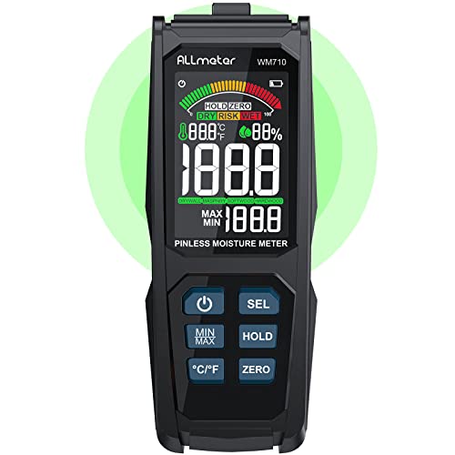 ALLmeter Nadelloser Holzfeuchtemessgerät Feuchtigkeitsmessgerät mit Temperatur-/Feuchtigkeitssonde 2,7"LCD Farbbildschirm und akustischem Alarm für Wände Holz Mauerwerk Beton Putz（20mm Analysetiefe） von ALLmeter