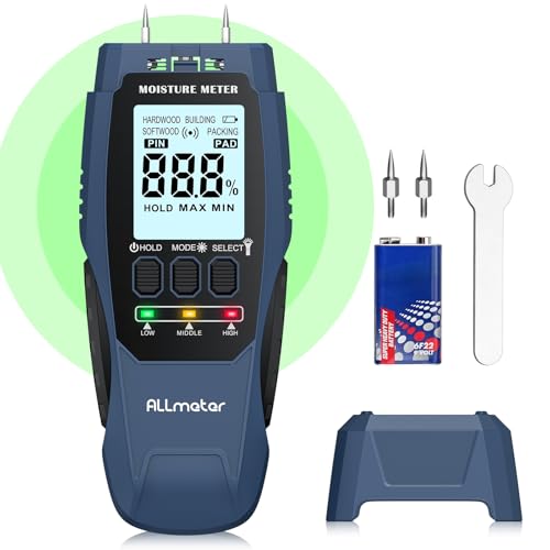 ALLmeter Feuchtigkeitsmessgerät Wand 2-in-1 (Pin/Pinless) mit LCD-Display, Tonalarm und 4 Messmodi Holzfeuchtemessgerät für Baustoffe, Wände, Holz, Metall, Mauerwerk, Trockenbau, Boden und DIY von ALLmeter