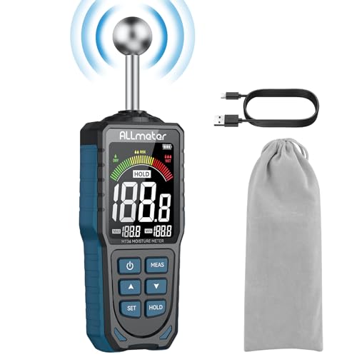 ALLmeter Wiederaufladbar Feuchtigkeitsmessgerät Feuchtigkeitsmesser 5-40 mm Analysetiefe mit Stoffbeutel Farb-LCD Akustischem Alarm Kugelform Feuchtigkeitsmesser für Wand Putz Mauerwerk Holz Beton von ALLmeter