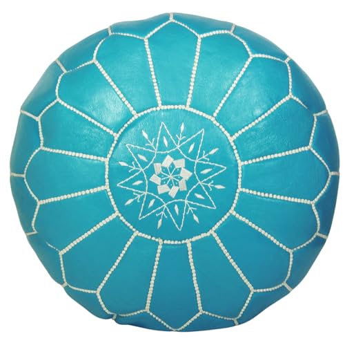 ALMADIH Leder Pouf Blau R gefüllt - Sitzkissen dunkelblau mit türkiser Ziernaht und formstabiler Füllung - marokkanische Sitzpouf Ottoman Pouf Leder Bodenkissen Sitzsack Kissen hellblau (Pouf blau) von ALMADIH