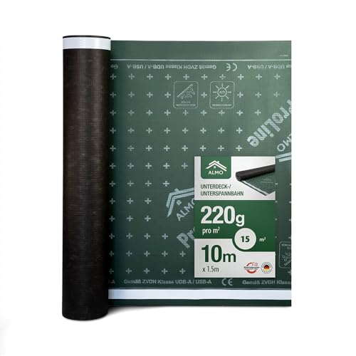 ALMO Durchtrittssichere UV Unterspannbahn 15m² (10m x 1,5m) 220g/m² UV-beständige & wasserabweisende Unterdeckbahn, diffusionsoffen & gitterverstärkt mit 2 starken Klebestreifen von ALMO