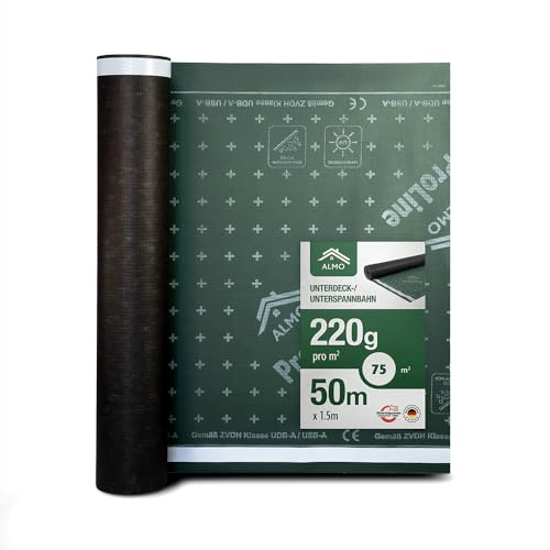 ALMO Durchtrittssichere UV Unterspannbahn 75m² (50m x 1,5m) 220g/m² UV-beständige & wasserabweisende Unterdeckbahn, diffusionsoffen & gitterverstärkt mit 2 starken Klebestreifen von ALMO
