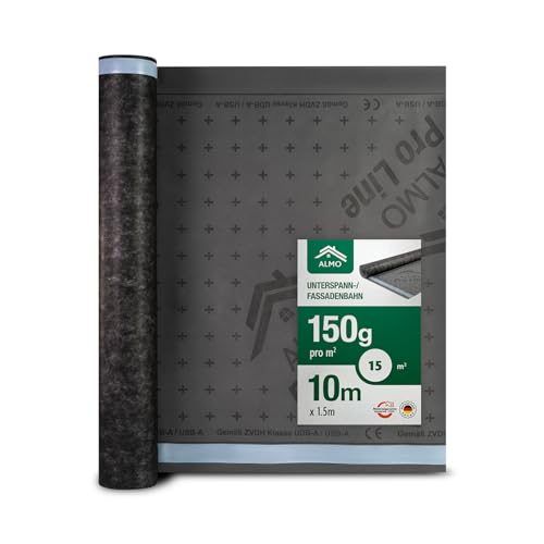 ALMO Unterspannbahn Dach 150g/m² | 15m² (1,5 x 10m) diffusionsoffen & UV-beständig | Wasserabweisende Dachfolie mit 2 Selbstklebestreifen | Fassadenbahn & Unterdeckbahn für Dachabdichtung von ALMO