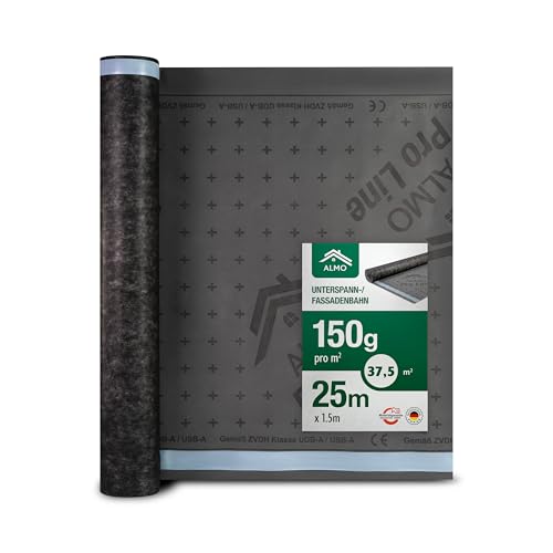 ALMO Unterspannbahn Dach 150g/m² | 37,5m² (1,5 x 25m) diffusionsoffen & UV-beständig | Wasserabweisende Dachfolie mit 2 Selbstklebestreifen | Fassadenbahn & Unterdeckbahn für Dachabdichtung von ALMO