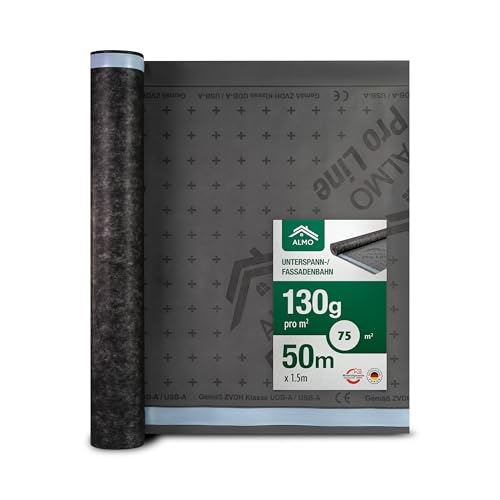 ALMO diffusionsoffene UV Unterspannbahn 75m² (1,5 x 50m), Fassadenbahn, 130g/m², Unterdeckbahn, wasserabweisend & UV-beständig mit integrierter Selbstklebenaht von ALMO