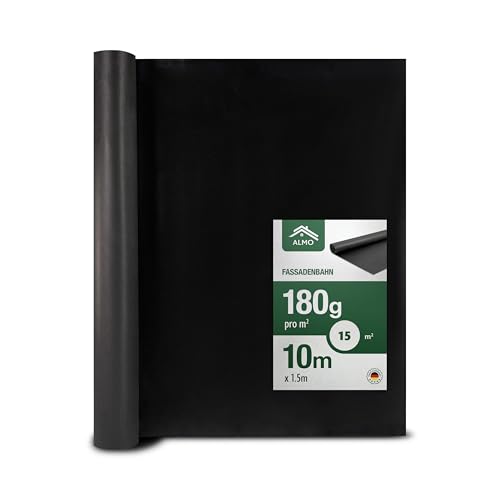 ALMO schwarze UV Fassadenbahn 15m² (1,5 x 10m), 180g/m², Diffusionsoffen, Brandklasse B, Hitzebeständig bis zu 150°C, dauerhaft UV-beständig ohne Selbstklebestreifen von ALMO