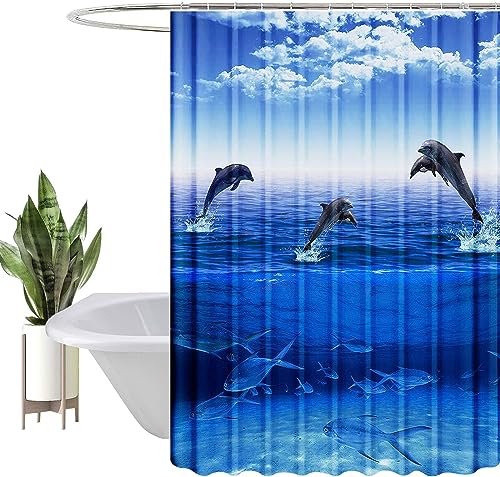 ALMONO Duschvorhang 180x180 Ozean Duschvorhang Delfin Badezimmer Vorhang Antischimmel Wasserdicht 3D Effekt Duschvorhänge Textil Polyester Stoff für Badewannen mit Haken von ALMONO